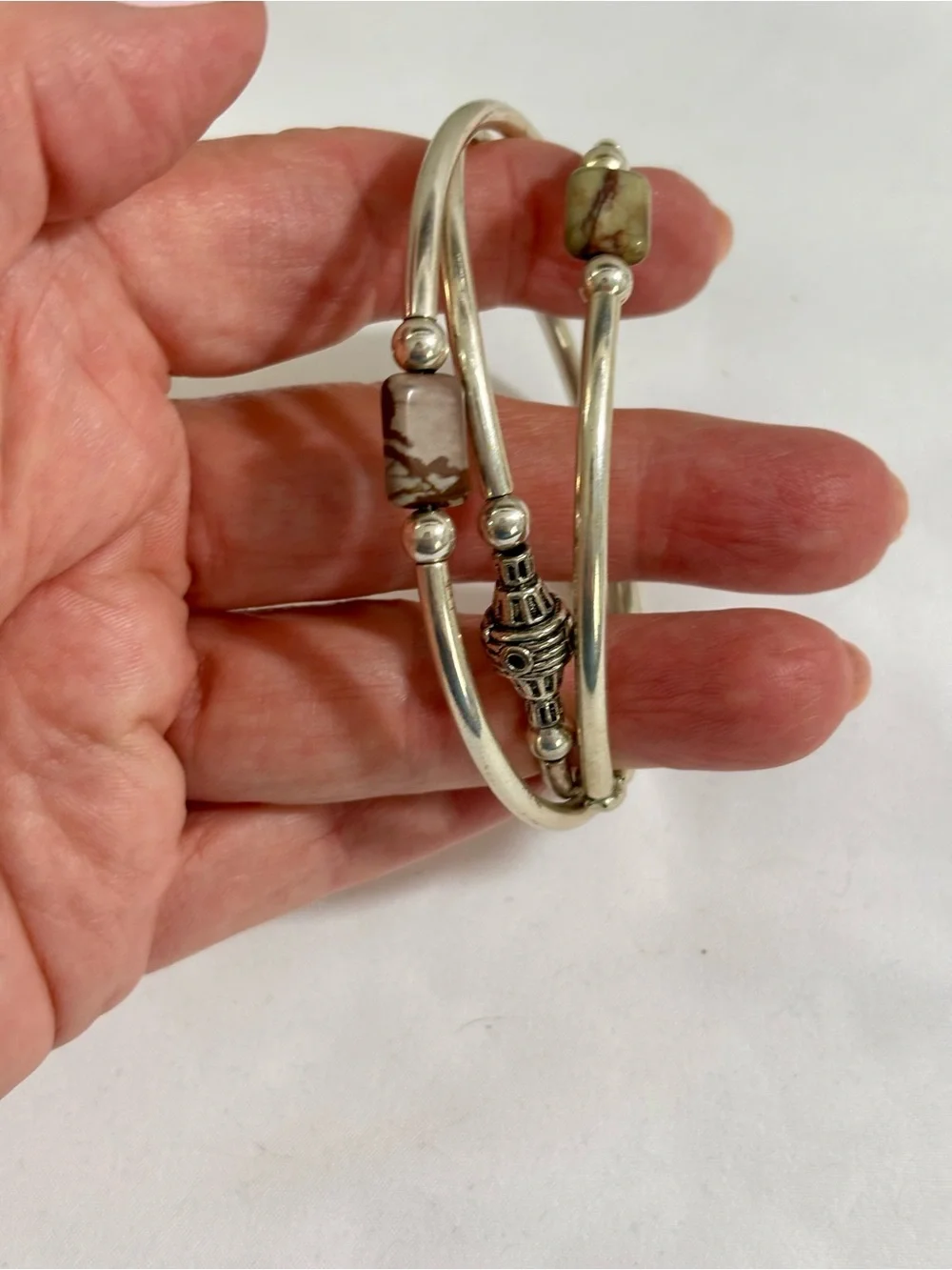 Vintage Genuine Stone Memory Wire Wrap Silver Tone Bracelet